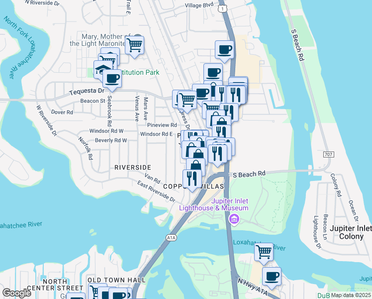 map of restaurants, bars, coffee shops, grocery stores, and more near 1535 South Cypress Drive in Jupiter