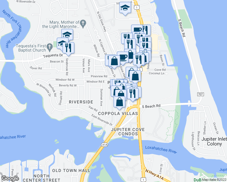 map of restaurants, bars, coffee shops, grocery stores, and more near 1535 South Cypress Drive in Jupiter