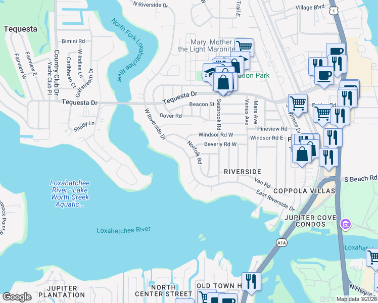map of restaurants, bars, coffee shops, grocery stores, and more near 235 West Riverside Drive in Jupiter