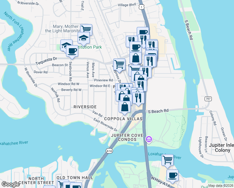 map of restaurants, bars, coffee shops, grocery stores, and more near 1610 Berkshire Avenue in Jupiter