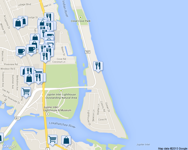 map of restaurants, bars, coffee shops, grocery stores, and more near 275 South Beach Road in Tequesta