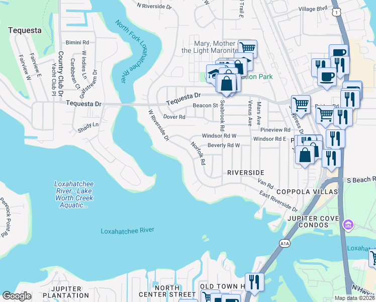 map of restaurants, bars, coffee shops, grocery stores, and more near 228 West Riverside Drive in Jupiter