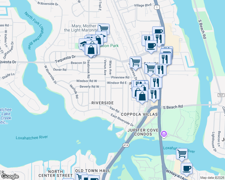 map of restaurants, bars, coffee shops, grocery stores, and more near 1611 Venus Avenue in Jupiter