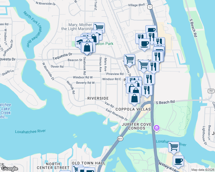 map of restaurants, bars, coffee shops, grocery stores, and more near 1611 Venus Avenue in Jupiter