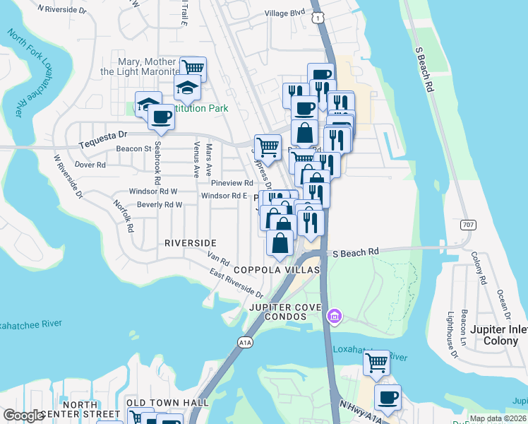 map of restaurants, bars, coffee shops, grocery stores, and more near 1610 Berkshire Avenue in Jupiter
