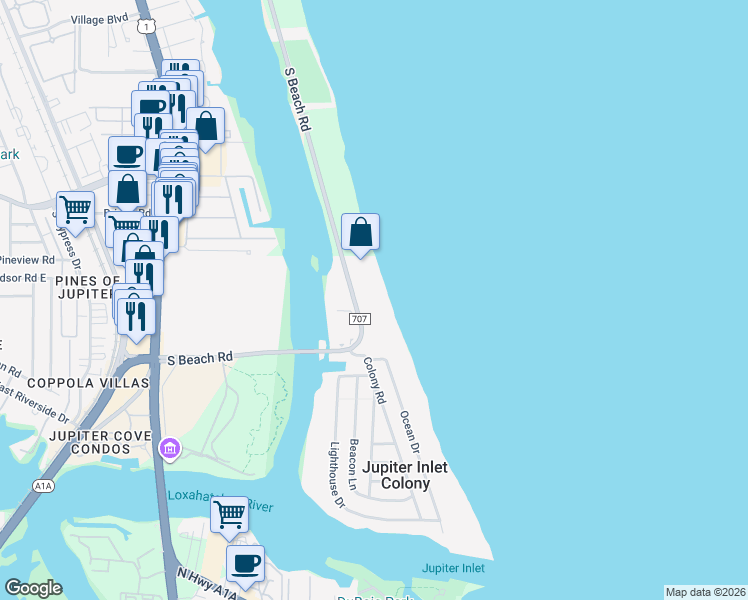 map of restaurants, bars, coffee shops, grocery stores, and more near 300 South Beach Road in Jupiter