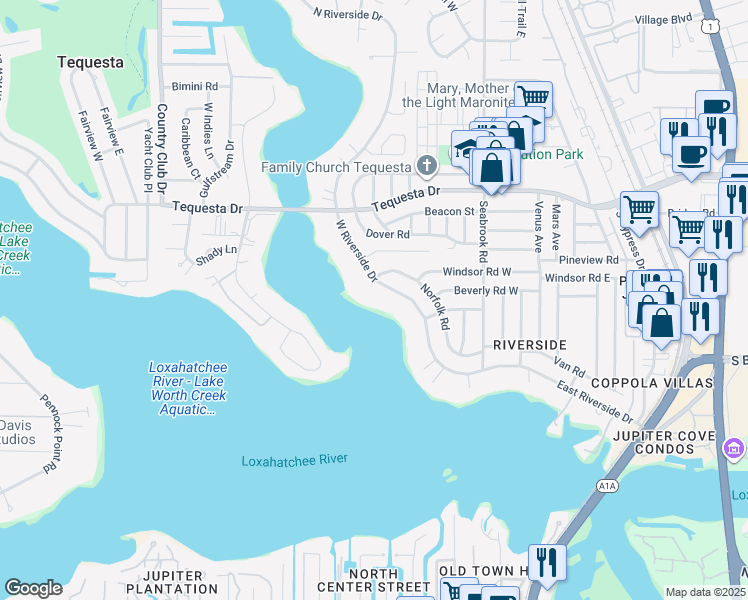 map of restaurants, bars, coffee shops, grocery stores, and more near 304 West Riverside Drive in Jupiter