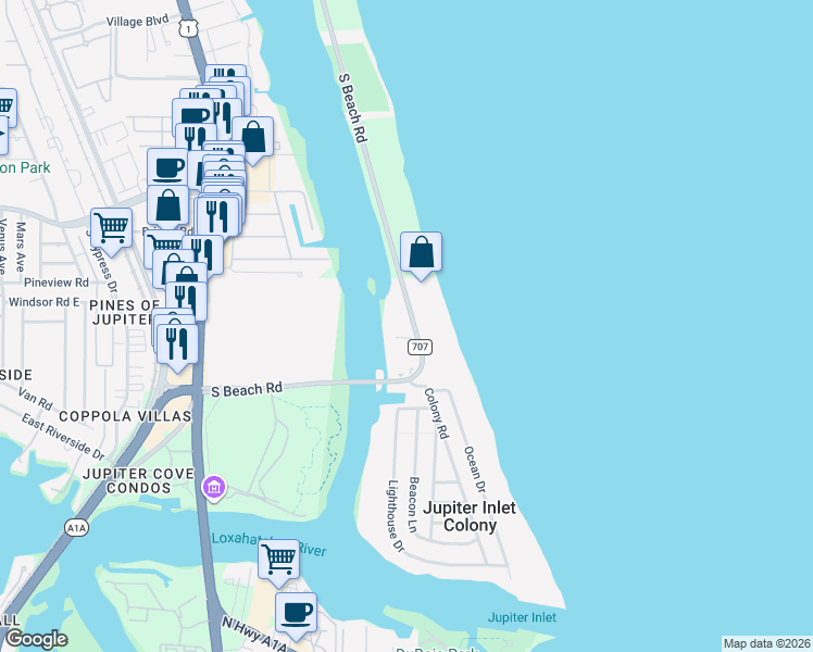 map of restaurants, bars, coffee shops, grocery stores, and more near 375 South Beach Road in Jupiter