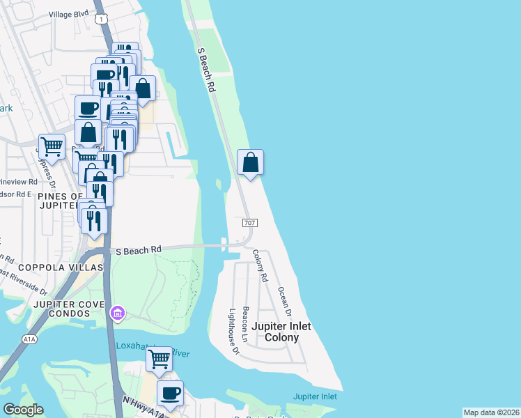 map of restaurants, bars, coffee shops, grocery stores, and more near 300 South Beach Road in Tequesta