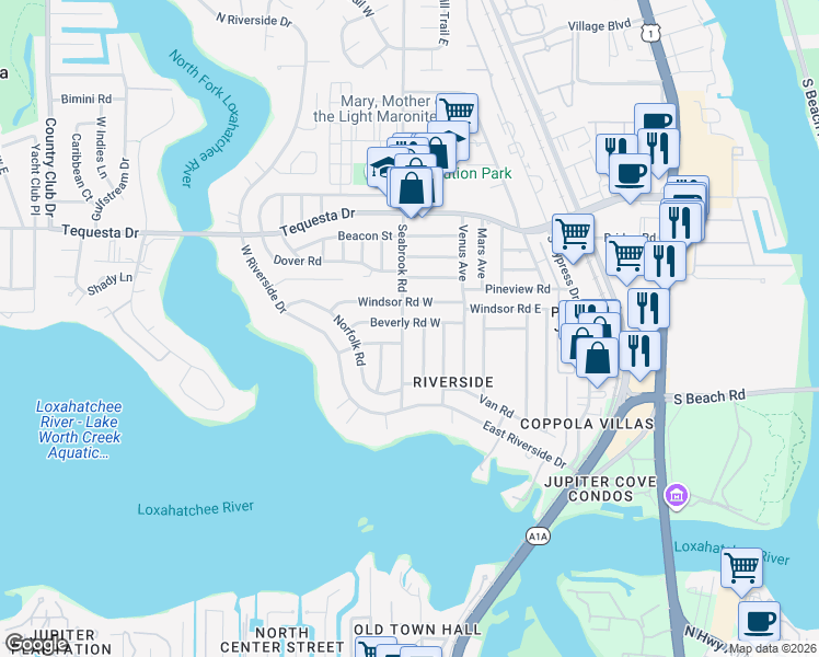 map of restaurants, bars, coffee shops, grocery stores, and more near 101 Beverly Road West in Jupiter