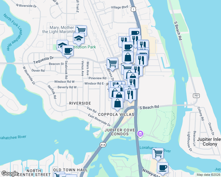 map of restaurants, bars, coffee shops, grocery stores, and more near 1610 Berkshire Avenue in Jupiter