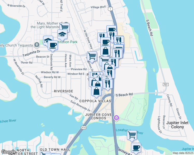 map of restaurants, bars, coffee shops, grocery stores, and more near 1630 South Cypress Drive in Jupiter