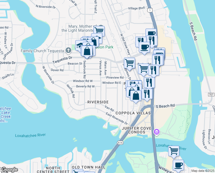 map of restaurants, bars, coffee shops, grocery stores, and more near 1611 Venus Avenue in Jupiter