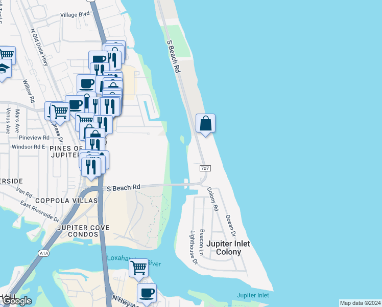 map of restaurants, bars, coffee shops, grocery stores, and more near 375 South Beach Road in Jupiter