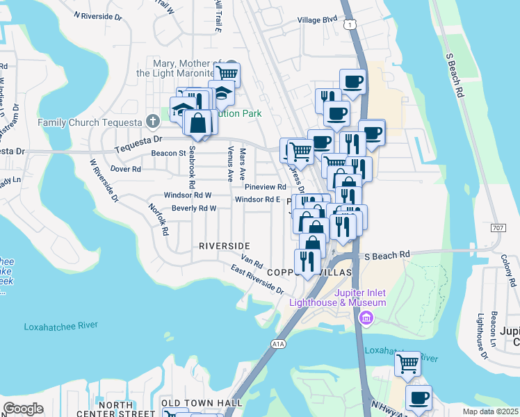 map of restaurants, bars, coffee shops, grocery stores, and more near 101 East Beverly Road in Jupiter