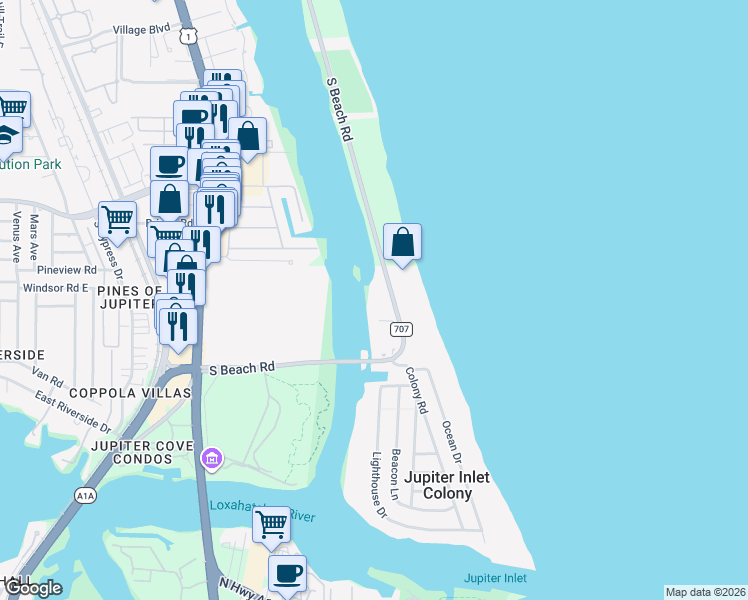 map of restaurants, bars, coffee shops, grocery stores, and more near 375 South Beach Road in Jupiter