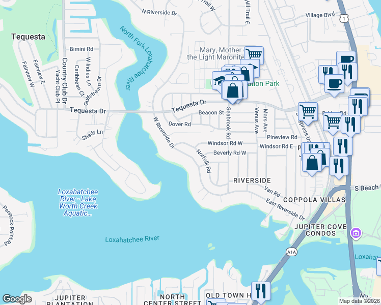 map of restaurants, bars, coffee shops, grocery stores, and more near 235 West Riverside Drive in Jupiter
