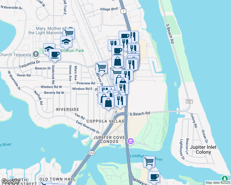 map of restaurants, bars, coffee shops, grocery stores, and more near 280 Old Dixie Highway in Jupiter