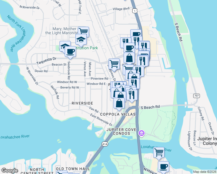 map of restaurants, bars, coffee shops, grocery stores, and more near 1610 Berkshire Avenue in Jupiter
