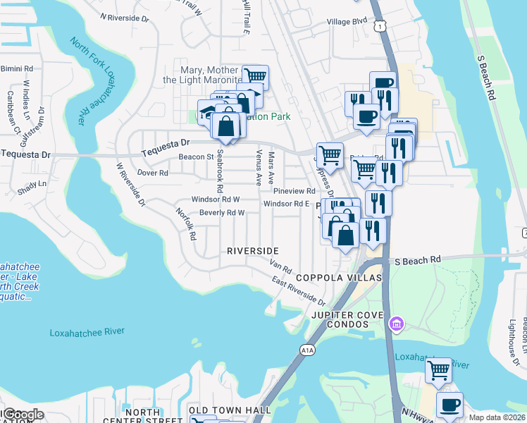 map of restaurants, bars, coffee shops, grocery stores, and more near 1611 Venus Avenue in Jupiter