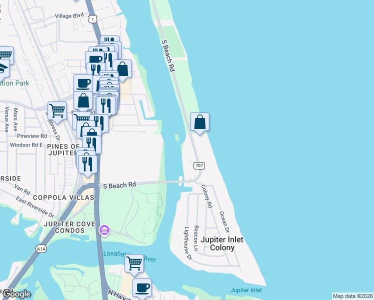 map of restaurants, bars, coffee shops, grocery stores, and more near 375 South Beach Road in Jupiter