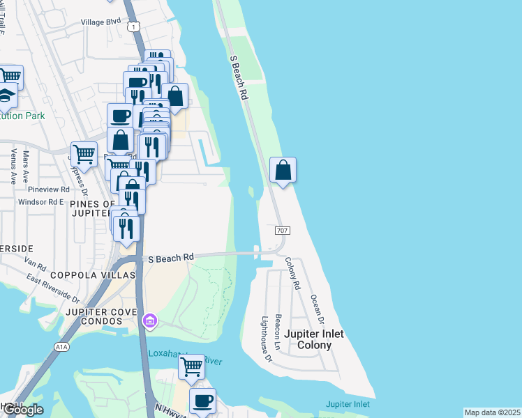 map of restaurants, bars, coffee shops, grocery stores, and more near 375 South Beach Road in Jupiter