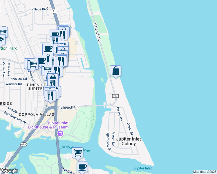 map of restaurants, bars, coffee shops, grocery stores, and more near 375 South Beach Road in Jupiter