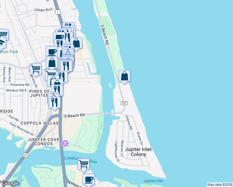 map of restaurants, bars, coffee shops, grocery stores, and more near 375 Beach Road in Jupiter