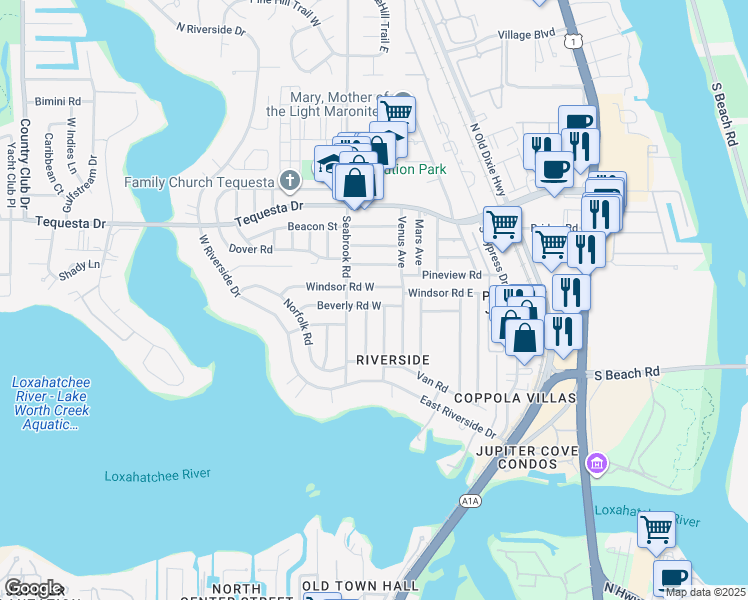map of restaurants, bars, coffee shops, grocery stores, and more near 11 Beverly Road West in Jupiter