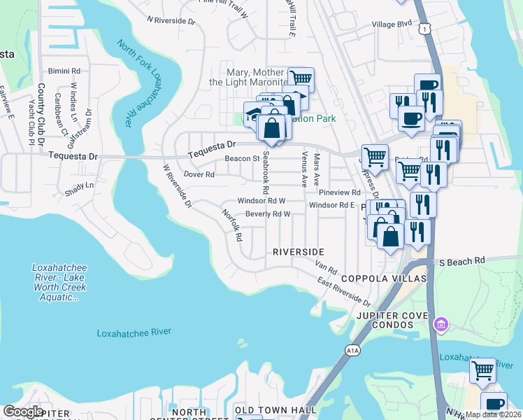map of restaurants, bars, coffee shops, grocery stores, and more near 101 Beverly Road West in Jupiter