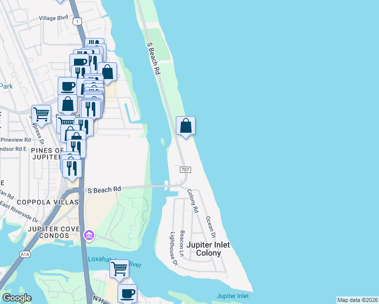 map of restaurants, bars, coffee shops, grocery stores, and more near 350 Beach Road in Jupiter