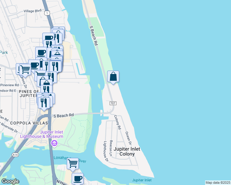 map of restaurants, bars, coffee shops, grocery stores, and more near 350 South Beach Road in Jupiter