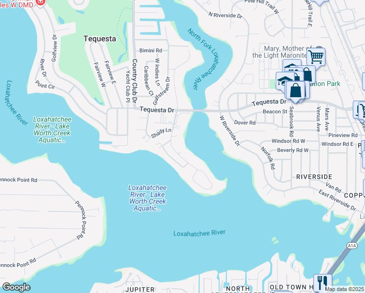 map of restaurants, bars, coffee shops, grocery stores, and more near 18996 Point Drive in Tequesta