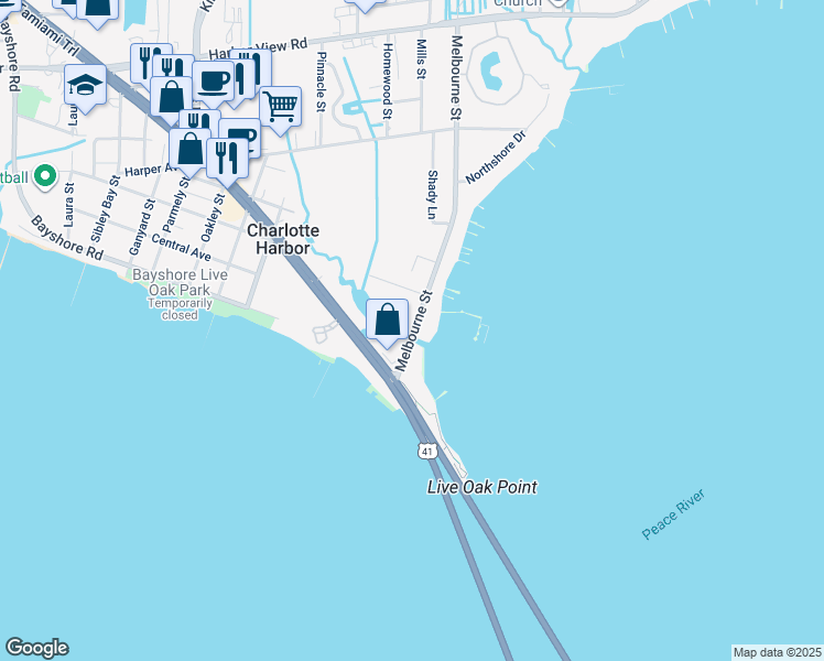 map of restaurants, bars, coffee shops, grocery stores, and more near 5117 Melbourne Street in Port Charlotte