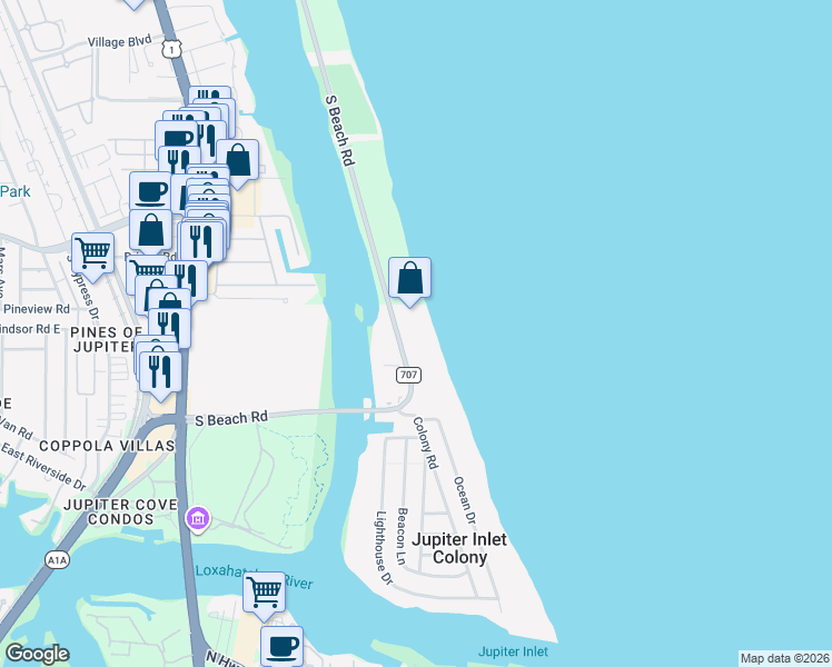 map of restaurants, bars, coffee shops, grocery stores, and more near 350 South Beach Road in Jupiter