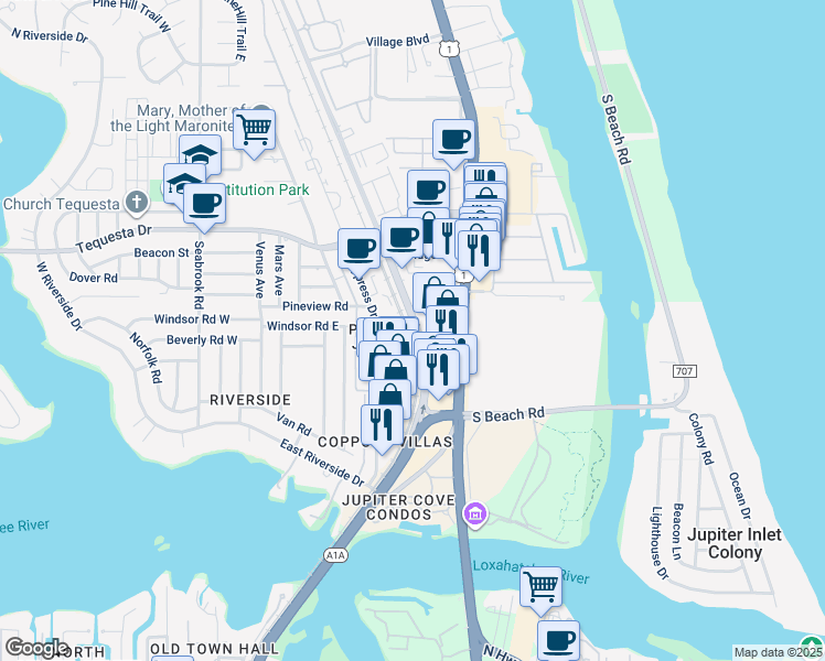 map of restaurants, bars, coffee shops, grocery stores, and more near 280 Old Dixie Highway in Tequesta