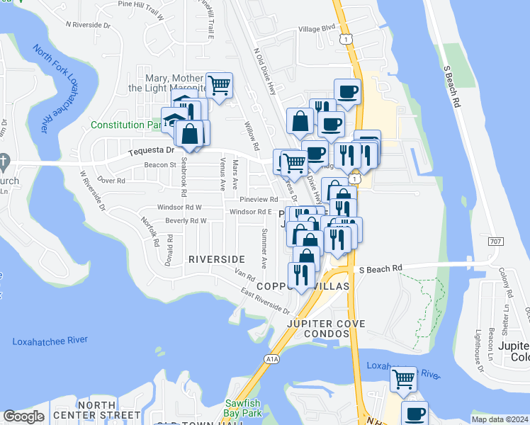 map of restaurants, bars, coffee shops, grocery stores, and more near 1400 Summer Avenue in Jupiter