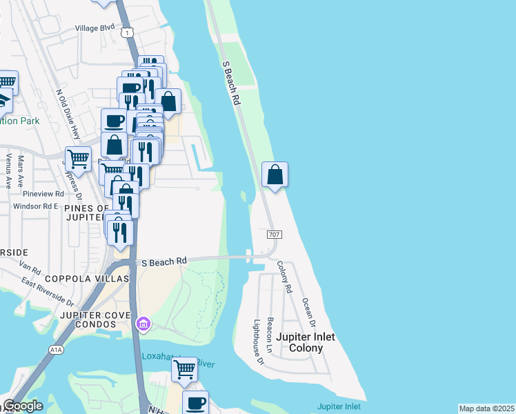 map of restaurants, bars, coffee shops, grocery stores, and more near 425 South Beach Road in Tequesta