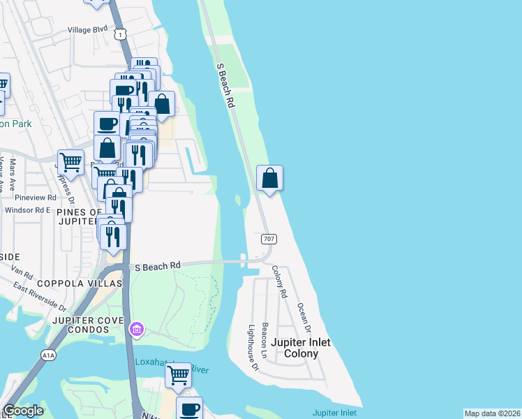 map of restaurants, bars, coffee shops, grocery stores, and more near 375 South Beach Road in Jupiter
