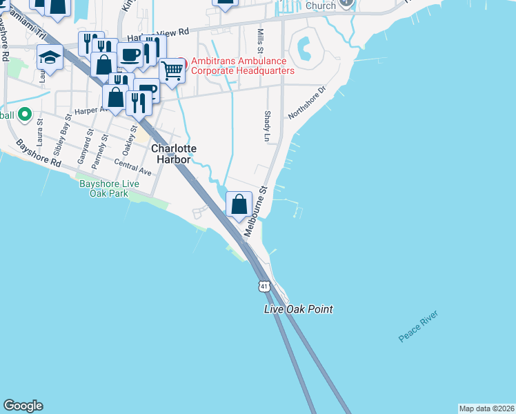 map of restaurants, bars, coffee shops, grocery stores, and more near 5117 Melbourne Street in Port Charlotte
