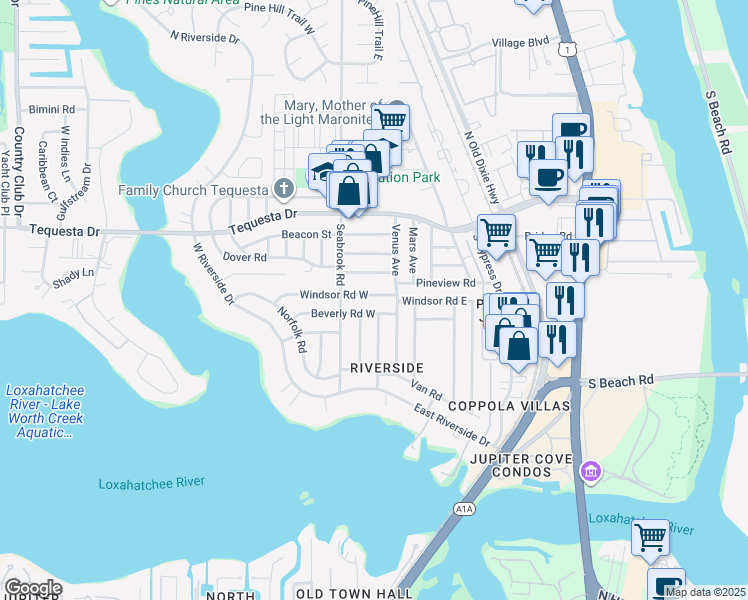 map of restaurants, bars, coffee shops, grocery stores, and more near 11 Beverly Road West in Jupiter
