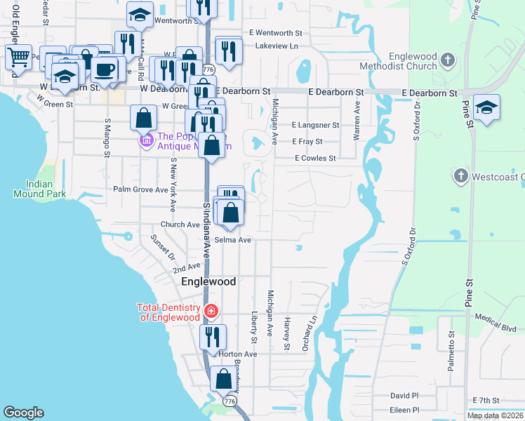map of restaurants, bars, coffee shops, grocery stores, and more near 19 Quails Run Boulevard in Englewood