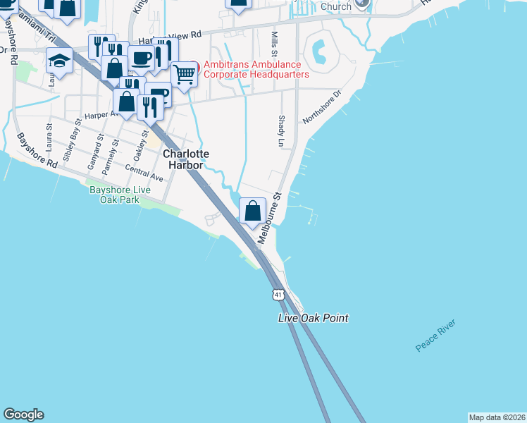 map of restaurants, bars, coffee shops, grocery stores, and more near 5115 Melbourne Street in Punta Gorda