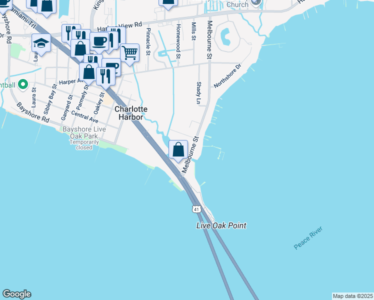 map of restaurants, bars, coffee shops, grocery stores, and more near 5117 Melbourne Street in Port Charlotte
