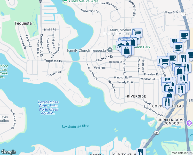 map of restaurants, bars, coffee shops, grocery stores, and more near 304 West Riverside Drive in Jupiter