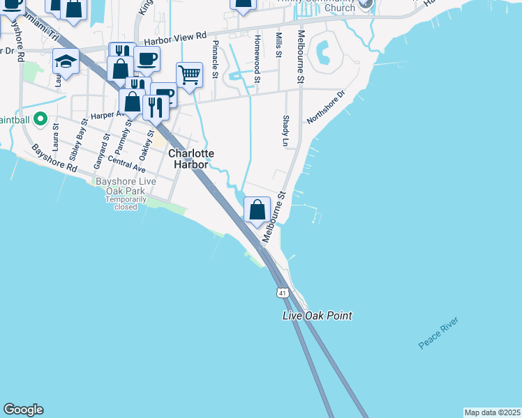 map of restaurants, bars, coffee shops, grocery stores, and more near 5117 Melbourne Street in Port Charlotte