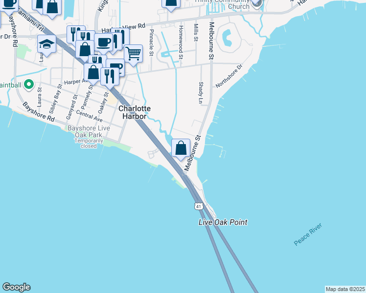 map of restaurants, bars, coffee shops, grocery stores, and more near 5117 Melbourne Street in Port Charlotte