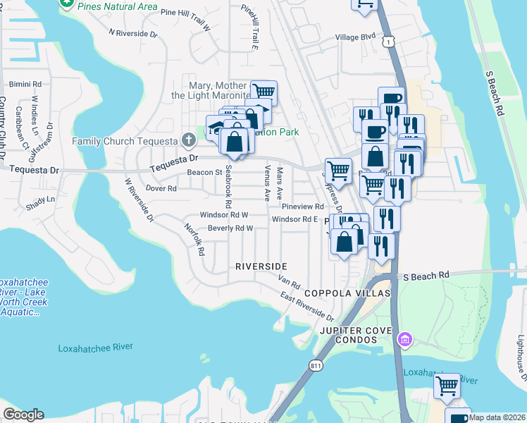 map of restaurants, bars, coffee shops, grocery stores, and more near 1 Windsor Road West in Jupiter