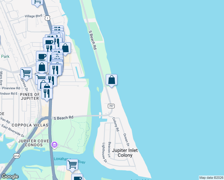 map of restaurants, bars, coffee shops, grocery stores, and more near 400 South Beach Road in Tequesta