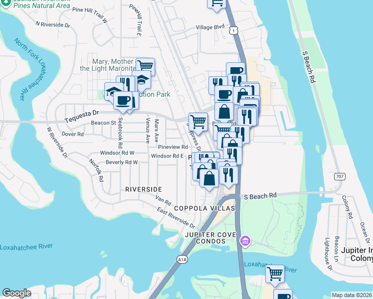 map of restaurants, bars, coffee shops, grocery stores, and more near 122 Pineview Road in Jupiter